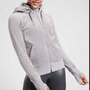 Athleta | Triumph Double Cozy Karma Velour Full Zip Gray Purple Hoodie Sweater
